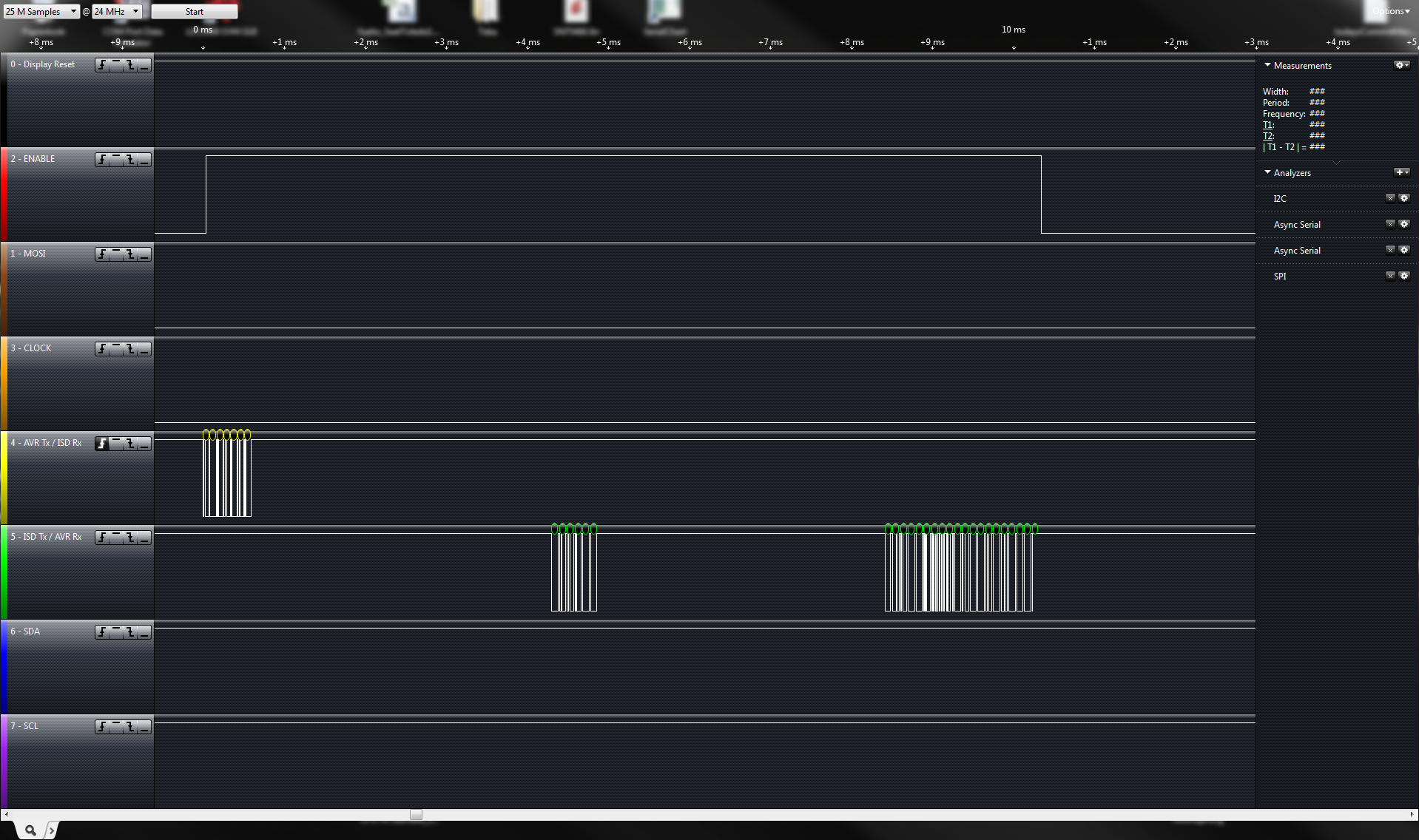 Saleae screenshot of UART events (BLE TX up, STM32 RX low)